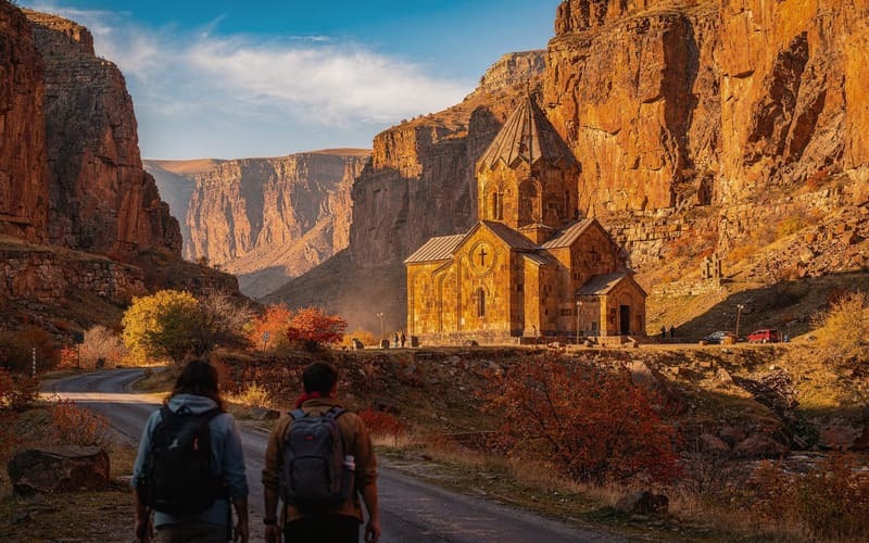 Noravank in autumn: the red cliffs at their best
